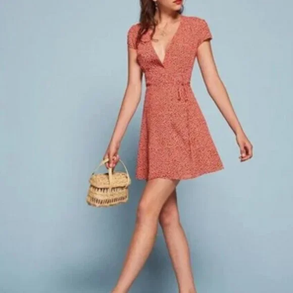 Reformation Orange Oyster Mini Wrap Floral Dress Size Small